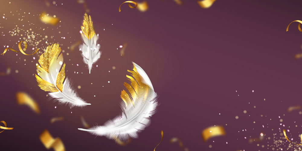Background with white feathers with gold glitter